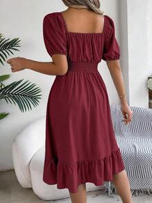 Women's Spring Summer Casual Ditsy Floral Print Dress Short Puff Sleeve Drawstring Waist Flowy A-Line Midi Dress Boho Beach Vacation Holiday Outfit - Burgundy - View 3