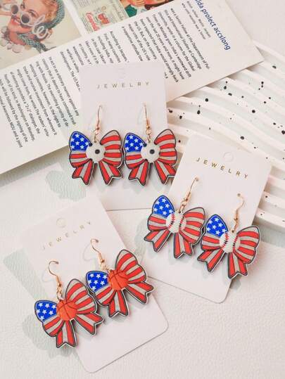 一对木质美国国旗、领结、橄榄球、棒球、篮球主题耳环，运动风日常佩戴，女士礼物