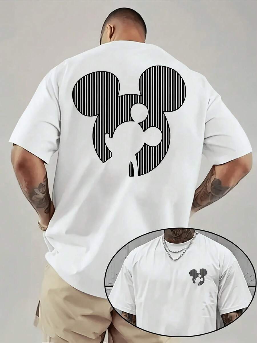 Disney License T Shirts, Men's Oversized Casual Crew Neck Minimalist Disney Mickey Mouse Silhouette Stripe Print Double Sided Short Sleeve T-Shirt, Classic Cartoon Graphic Tee For Summer Daily Wear,Men Clothes,Summer Clothes,White Shirt,Father's Day Clothing,Vintage T Shirts,Graphic T Shirts,100 Percent Cotton,Graphic Tee,Graphic Tees,Funny Graphic Tees,Graphic T, Gifts For Family And Friends - trắng - Xem 1