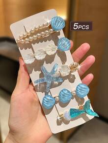 5个装女士蓝色海星贝壳发夹，鸭嘴夹，侧夹，波西米亚风发饰，适合休闲、旅行、夏威夷、海滩度假、夏季、假日等场合，可作头部配饰。 - 淺藍色 - 查看 2