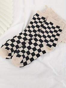 5 Pairs Minimalist Colorful Checkerboard Pattern Mid-Calf Socks - Multicolor - View 3