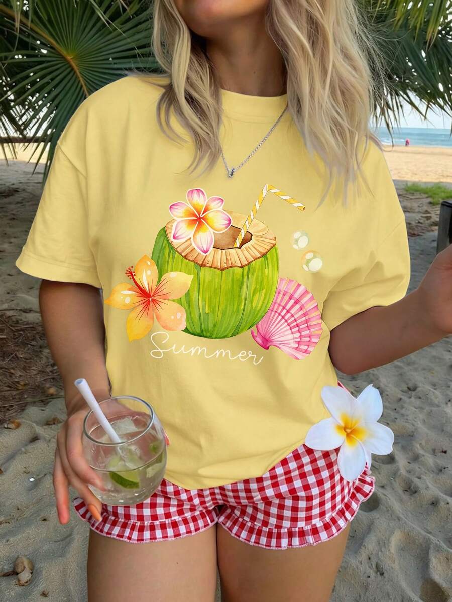 2pcs Girls Vacation Set, Loose Watercolor Coconut & Tropical Floral Print T-Shirt Paired With Plaid Ruffle Hem Shorts, Cute Matching Outfit For Summer Beach Trip And Casual Daily Wear - Yellow - View 1