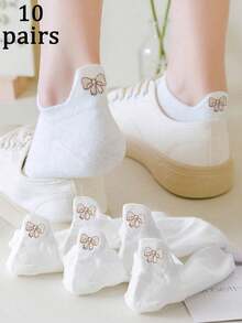 5/10双装 女士可爱甜美蝴蝶图案简约白色短袜，适合日常穿着 - 白色 - 查看 9