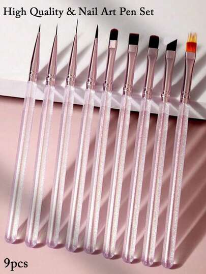 Bộ cọ vẽ móng nghệ thuật 9 món màu tím băng giá gồm cọ thường, cọ kẻ viền, cọ hai mặt, cọ tô, bút vẽ gel UV, bút vẽ chuyển màu, thích hợp cho salon làm móng và sử dụng tại nhà.
