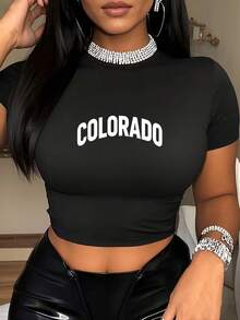 Y2K Style Women's Short Printed T-Shirt, COLORADO Printed Short-Sleeve Slim-Fit Round-Neck T-Shirt,  And Fashionable Waist Top, Suitable For Stylish Women, A Perfect Gift For Valentine's Day, St. Patrick's Day, And Independence Day.2026coords Set For Women - Black - View 6