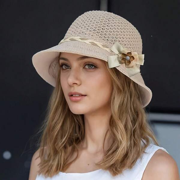 1 Piece Elegant Women's Floral Decor Straw Hat - Breathable Hollow Sun Hat, Summer Fashion Accessory |   Fashion Outdoor Travel Vacation Fisherman Hat, Woven Structure |   Versatile Everyday Wear Accessory, Beach Hat