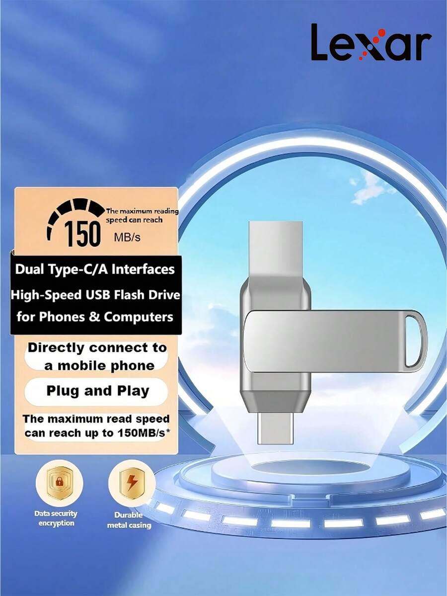 Lexar D40T USB闪存盘，128GB/256GB，USB 3.2 Type-C双接口，兼容手机和电脑，加密保护，读取速度高达150MB/s - 查看 1