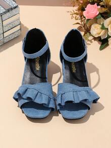 1 Pair Blue Plus Size High Heel Sandals For Female Students, Soft Fabric With Ruffled Skirt Trim, Metal Buckle Decor, Rhinestone Accents, Classic Minimalist Design, Open Toe Chunky Heel, Suitable For 3-15 Years Old Girls Daily, Casual, Hosting, Dancing, Festivals, Vacation, Spring/Summer New Arrival - Blue - View 6
