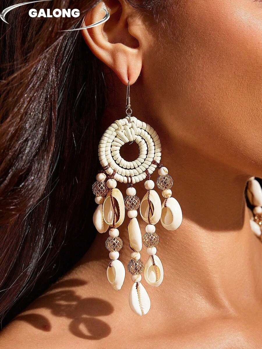 [Sản phẩm bán chạy nhất] Khuyên tai vòng nhiều lớp đan thủ công | Mặt dây chuyền hạt vỏ sò và bi kim loại | Khuyên tai phong cách indie tự nhiên | Khuyên tai thanh lịch, đa năng cho kỳ nghỉ và sử dụng hàng ngày