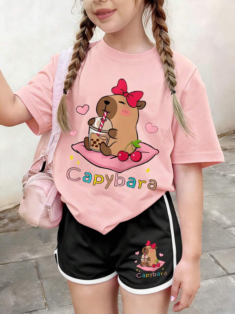 2pcs/Set Teenage Girls Casual Creative Cute Capybara Print T-Shirt + Shorts Summer Vacation Outfit - Multicolor - View 1