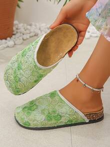 New Women's Flat Shoes, Mesh Bottom With Floral Decor, Casual For Daily Wear, Comfortable And Versatile Flat Sandals For Beach, Holiday, Party, Gradient Green Color With Random 3D Floral Pattern - Gradient Green - 3D Flower - View 2
