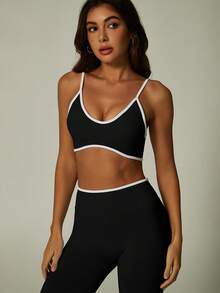 UONNOU Peach Butt-Lifting Fitness Set, Contrast Color V-Neck Spaghetti Strap Sports Bra & Leggings - Black - View 5