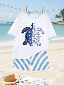 Bộ 2 món phong cách tươi mát & chữa lành cho bé gái, áo thun họa tiết rùa biển màu nước dáng rộng phối quần short kẻ sọc, trang phục thời trang thường ngày du lịch dạo phố - Màu xanh lam - Xem 2