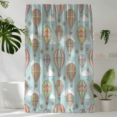 1件热气球印花浴帘，高品质家居装饰浴帘，现代百搭浴室配套浴帘，四季通用浴帘，带12个挂钩