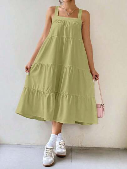 Vestido Largo de Tirantes sin Mangas, Estilo A-Line, Color Sólido, Simple y Casual para Mujer