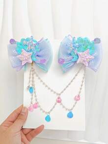 2pcs Girls Mermaid Shell & Starfish Hair Clips, Headband Chain, Bowknot Tassel Princess Hair Accessories - Multicolor - View 9