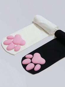 Women 3D Paw Detail Cute Over Knee Socks Daily Life, Cozy - 黑色 - 查看 5