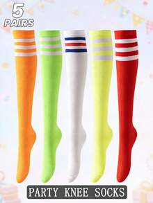 5双装/包 女士春秋季三条纹中长及膝袜，适合学生、成人、舞蹈、约会、派对和趣味装扮。 - 彩色 - 查看 2