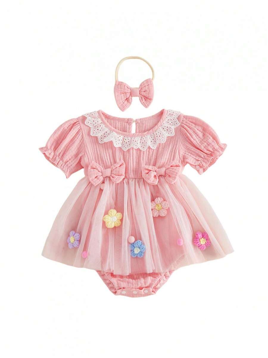 Baby Girl Summer Outfits Decorative Flower Bow Mesh Crew Neck Short Sleeve Romper Dress And Bow Headband 2 Pcs Set - 粉色 - 查看 1