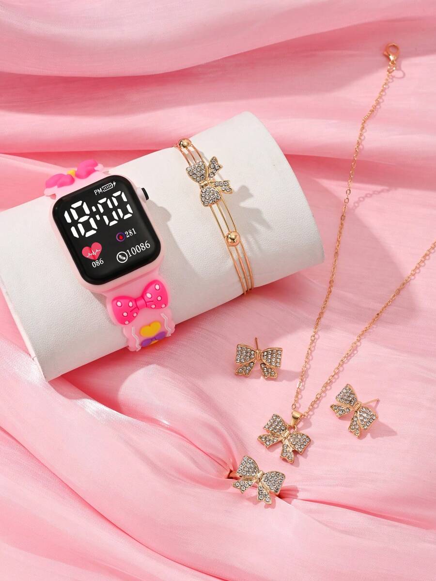 6件套女童手表 - 方形LED心形数字显示 - LED蝴蝶结 - 甜美多巴胺风格儿童手表 - 价格实惠 - 适合学生 - 开学季电子手表 - 蝴蝶结耳环、手链、戒指、项链 - 儿童配饰 - 适合日常生活、学校、聚会、旅行、朋友生日礼物等 - 送给女孩的完美礼物。 - 彩色 - 查看 1