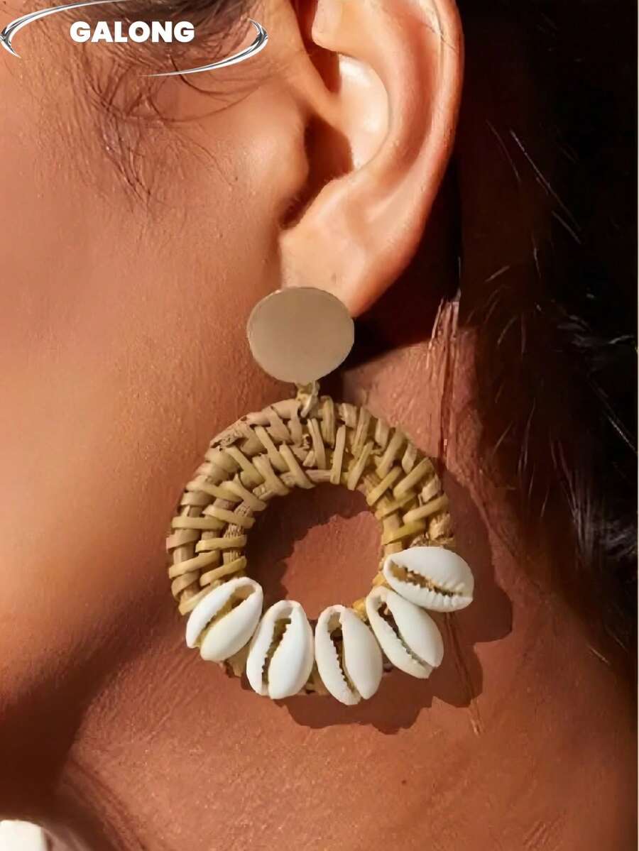 Boucles d'oreilles en coquillage tressées faites main, boucles d'oreilles en fil de coton tressé de style naturel, boucles d'oreilles élégantes avec décoration de coquillage, ambiance vacances, accessoire unique polyvalent pour un port quotidien