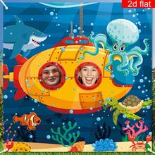 2D高清设计，深海探险主题海洋生物潜水艇横幅，潜水艇镂空挂布，卡通鲨鱼、章鱼、海龟图案，蓝色海洋氛围，梦幻般的海底世界，充满童趣，适合儿童生日派对、迎婴派对、幼儿园活动、亲子派对、室内装饰 - A - 查看 6