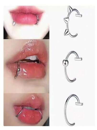 3 pièces Ensemble d'anneaux de nez clip-on, accessoire de décoration d'anneau de lèvre en acier inoxydable de style hip-hop personnalisé, accessoire de faux perçage, cadeau pour fête et vacances