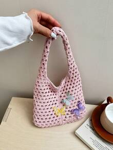 Túi đeo vai hình bướm màu hồng đan rỗng - Túi xách mini dễ thương phong cách Y2K dành cho nữ - Hồng - Xem 7