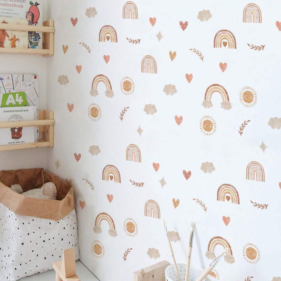 1pc Warm Brown Rainbow Heart Wall Sticker, Minimalist Natural Element Combination, Self-Adhesive Easy To Apply, Decorates Wall With Soothing Healing Ambience - Multicolor - View 1