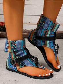 Dép xỏ ngón nữ, kiểu dáng nhẹ, phong cách bohemian mùa hè mới, thoáng khí, đế bằng, in họa tiết, khóa kéo phía sau. - Màu xanh lam - Xem 4