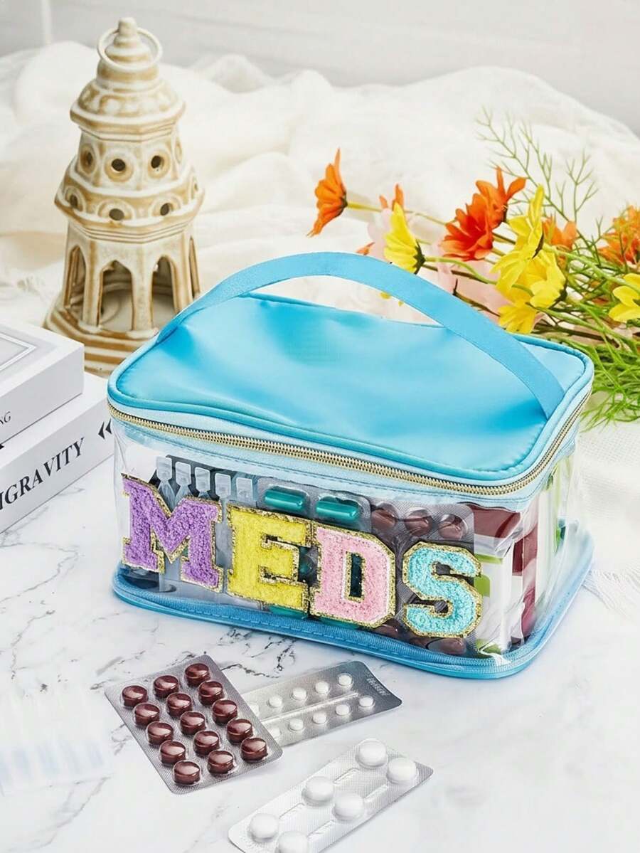 1个，闪光“MEDS”字母PVC化妆包 - 绿松石色旅行化妆收纳包，带拉链，大容量，易于清洁 - 时尚高品质女士和女孩收纳盒，旅行化妆包 | 设计 | 闪亮表面，化妆旅行包 - 彩色 - 查看 1