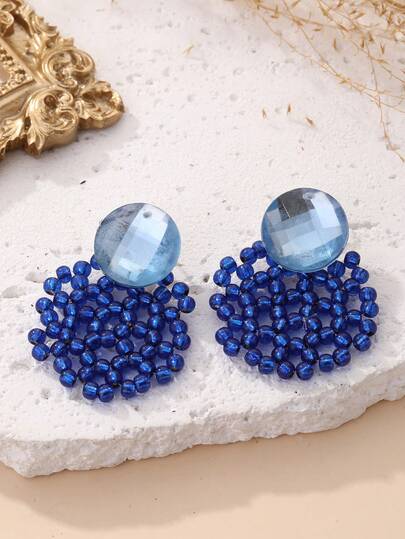 一对ins风透明玻璃珠编织女士耳环，复古蓝调垂坠耳环，通勤、外出、派对等场合皆宜
