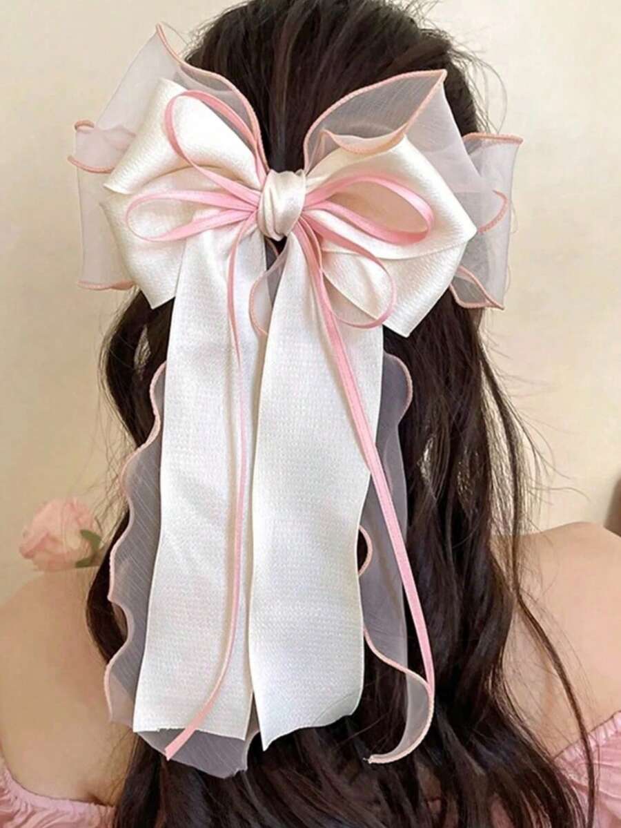 1 chiếc kẹp tóc lưới màu hồng nhạt hình nơ lớn, ruy băng gợn sóng hai lớp, phụ kiện tóc mùa xuân thanh lịch và mềm mại. - Nhiều màu - Xem 1