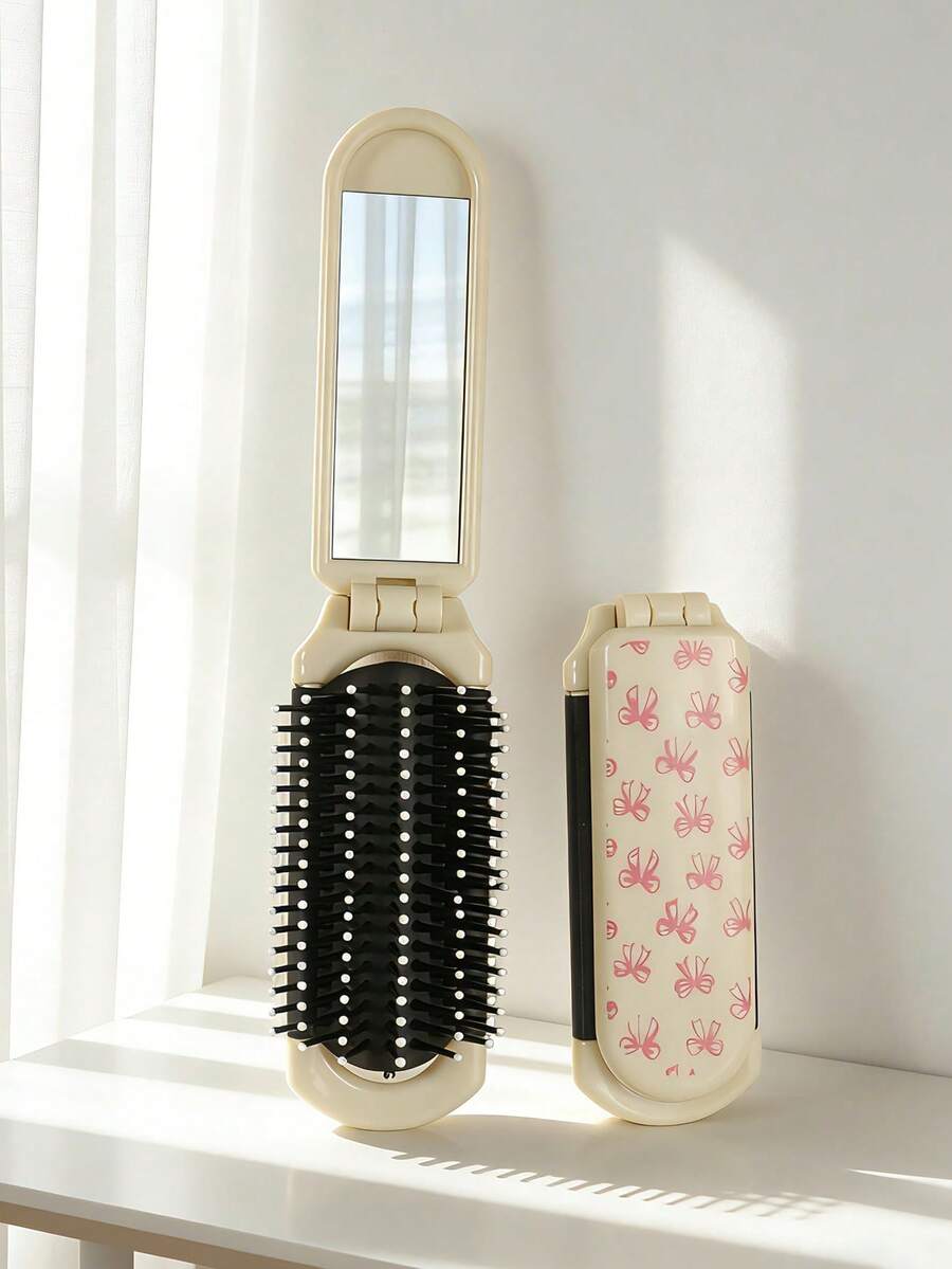 1 chiếc lược gấp gọn bằng nhựa ABS cầm tay có gương soi độ nét cao, lược gấp kiểu nơ tích hợp gương 2 trong 1, tiện lợi cho gia đình, trang điểm, đi làm hàng ngày, du lịch, quà tặng cho bạn gái, sinh nhật.