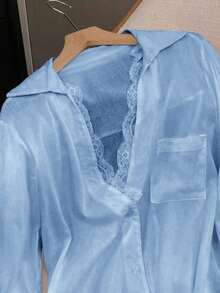Elegant White Semi-Sheer Blouse, V-Neck Long Sleeve, Decorated With Delicate Contrast Lace Trim Spring - Blue - View 3