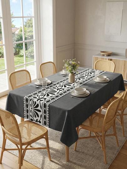 1 pièce de nappe rectangulaire en lin de texture gris foncé + 1 pièce de chemin de table imprimé floral bohème noir et blanc. Ensemble de linge de table en polyester moderne nordique de luxe, résistant aux taches et à l'eau. Imperméable à l'huile et à la poussière, lavable et réutilisable. Idéal pour les salles à manger, les repas en famille, la décoration intérieure contemporaine, un élément essentiel pour la cuisine et la maison.