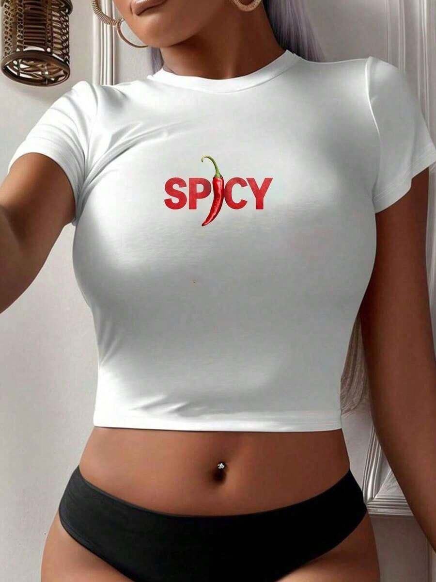Short Sleeve Tops WomenWhite Crop Top With 'SPICY' Chili Pepper Print - Soft Cotton Blend, Short Sleeve, Perfect For Casual Summer Outfits2026crop Top - trắng - Xem 1