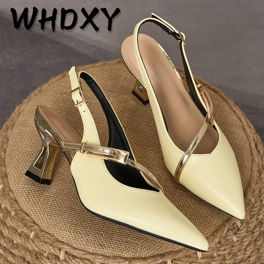 WHDXY 粗跟尖头高跟鞋，系带设计，时尚百搭，适合日常穿着、工作和派对场合。 - 黃色 - 查看 1