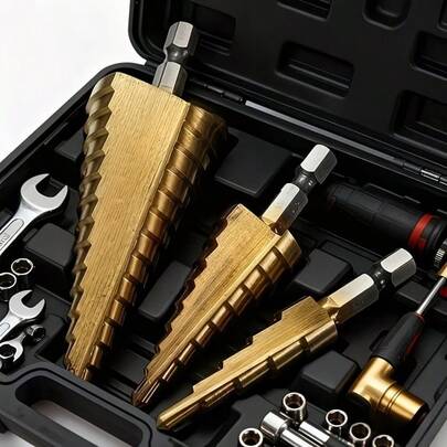 Bộ mũi khoan bậc thang phủ titan | Thép tốc độ cao, vạch chia màu đen oxit, dùng để khoan kim loại, gỗ, nhựa, nhôm, titan, kẽm - 3 kích cỡ