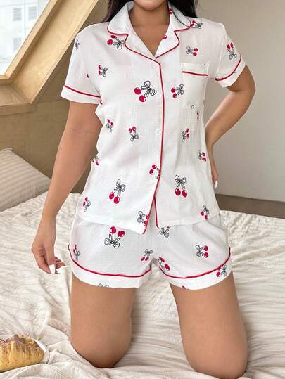 2pcs/Set Women Cherry Blossom & Bow Print V-Neck Short Sleeve Top And Pants Pajama Set, Very Comfortable For Summer Home Wear
