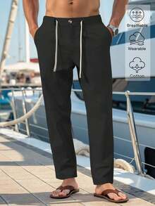 VENTUSAIL Men Solid Drawstring Waist Pants Tapered Long Slacks Linen Cool Plain Going Out, Fall Beige Pants For Men Men Drawstring Pants Men Linen Pants Cream Pants Men,Weekend Trips, Outdoor Activities, Travel Expeditions, Relaxed Work Environments Or Semi-Formal Occasions, Boyfriend/Husband Gift, Anniversary /Birthday Gift Party Summer Vacation Holiday New Years Wedding Valentine's Day, Cream Joggers Men,Khaki Pants, Beach Cruise Vacation, Bohemian Hawaiian Vacation - 黑色 - 查看 13