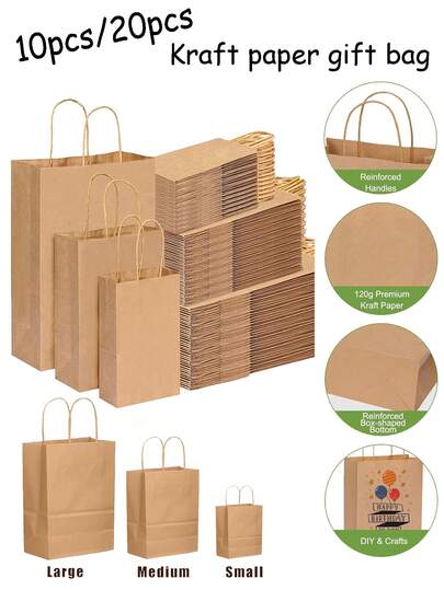 10/20 túi quà bằng giấy Kraft có tay cầm, thích hợp đựng quà lưu niệm, dùng cho sinh nhật, đám cưới, họp mặt hàng ngày, Ngày của Mẹ/lễ tốt nghiệp. Túi quà bằng giấy Kraft (màu gỗ tự nhiên), thích hợp làm quà cưới, túi đựng kẹo, bao bì bánh nướng, túi đựng đồ làm bánh.