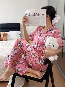 Sanrio Hello Kitty 2026 短款與長款絲綢睡衣套裝，短袖前扣領口蝴蝶結卡通可愛款，前扣口袋對比飾邊 - 粉色 - 查看 3