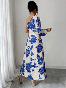 Printed One-Shoulder Dress, Fitted Waist Mermaid Hem, Vacation Style Elegant Slimming Dress For Women Spring - Blue - View 2
