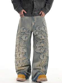 1件 Justice Brother 复古字母刺绣男士休闲宽松阔腿牛仔裤，港式风格（不含腰带/配饰） - 藍色 - 查看 1