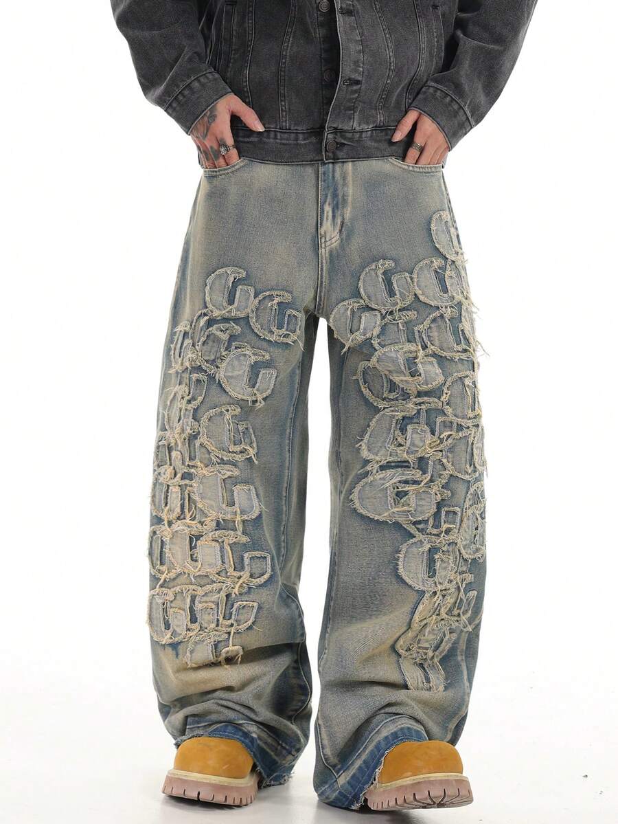 1件 Justice Brother 复古字母刺绣男士休闲宽松阔腿牛仔裤，港式风格（不含腰带/配饰） - 藍色 - 查看 1