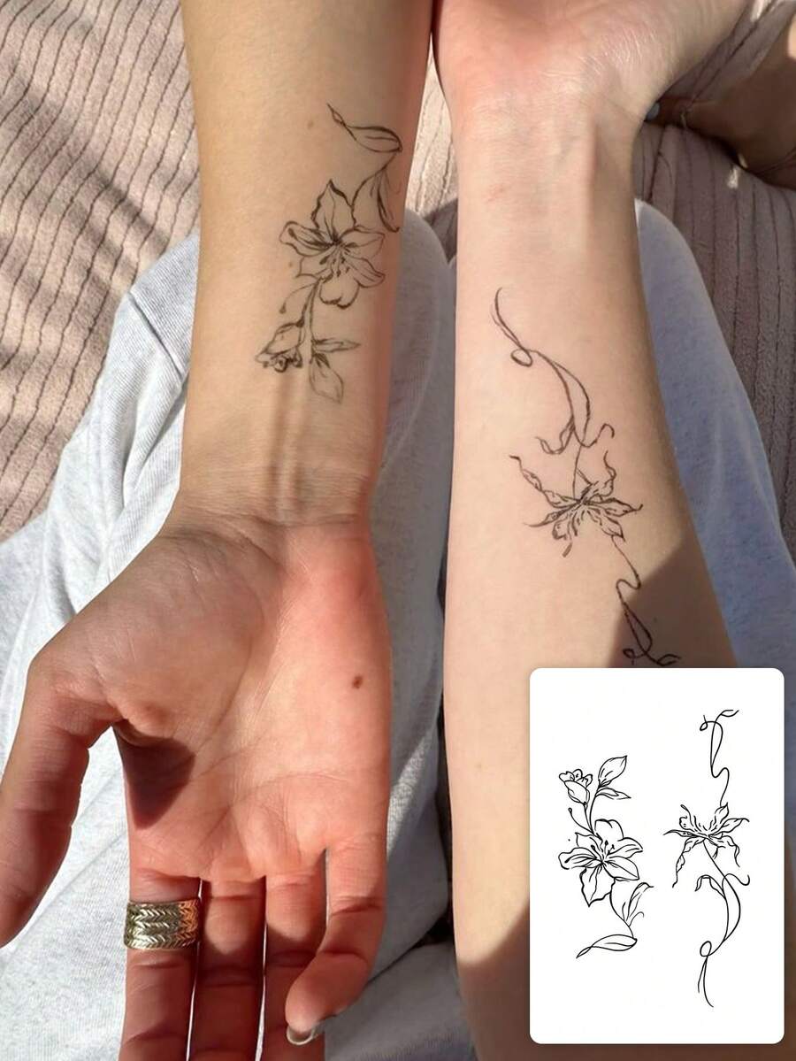 1pc 7-14 Days Lasting Herbal Temporary Tattoo Sticker, Minimalist Abstract Mysterious Hand & Wrist Floral Design, Waterproof Temporary Tattoo Sticker Suitable For Fashionable People - Black - View 1