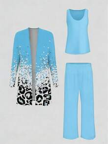 Bộ đồ 3 món thời trang in họa tiết thanh lịch dành cho nữ cỡ lớn, gồm áo tank top, quần và áo khoác, thích hợp cho mùa xuân. - Màu xanh nhạt - Xem 3