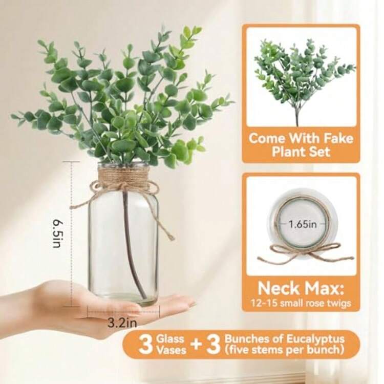 Jarrones de vidrio con plantas sintéticas juego de 3 jarrones transparentes clásico con eucalipto artificial decoración rústica para el hogar boda mesa arreglos florales de granja regalos de - Mshpb3 - Añade 2