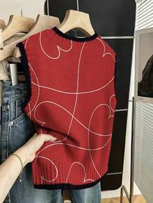 ADFHP Áo nữ mùa hè, áo vest dệt kim mỏng nhẹ in họa tiết trái tim kiểu retro, áo tank top cổ tròn màu xanh navy viền tương phản, trang phục đa năng dễ mặc khi đi làm. - Nhiều màu - Xem 2